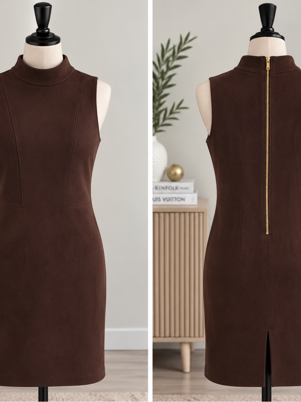 1.STATE Brown Mock Neck Sheath Dress Gold Back Zipper Size 8